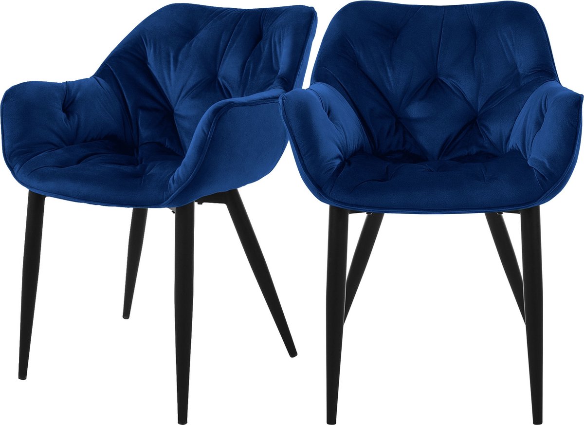 ml-design eetkamerstoelen set van 2 donkerblauw, keukenstoel met dikke fluwelen gestoffeerde zitting, metalen poten, woonkamerstoel met rugleuning en armleuningen, gewatteerde gestoffeerde stoel