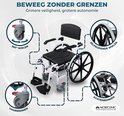 Witte rolstoel met zwarte zitting. 360° zwenkwielen, zelfremmende wielen en achterremmen.