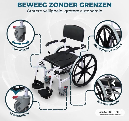 Witte rolstoel met zwarte zitting. 360° zwenkwielen, zelfremmende wielen en achterremmen.