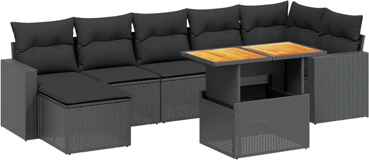 The Living Store 8-delige Loungeset met kussens poly rattan zwart - Loungebank - Lounge Set - Buitendecoratie - Tuinmeubels - Pe Rattan
