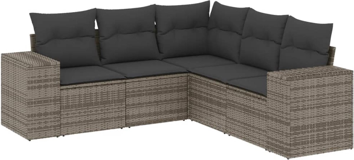 The Living Store 5-delige Loungeset met kussens poly rattan grijs - Tuin Lounge Set - Loungebank - Tuinset - PE Rattan - Outdoor Furniture