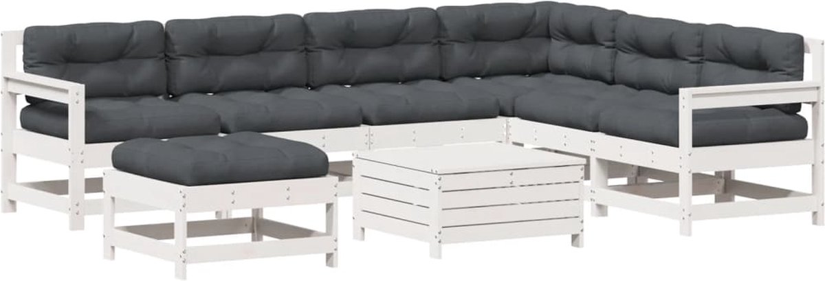 The Living Store 8-delige Loungeset met kussens massief grenenhout wit - Tuin Lounge Set - Loungebank - Buitenkamer - Teak Hout - Garden Furniture
