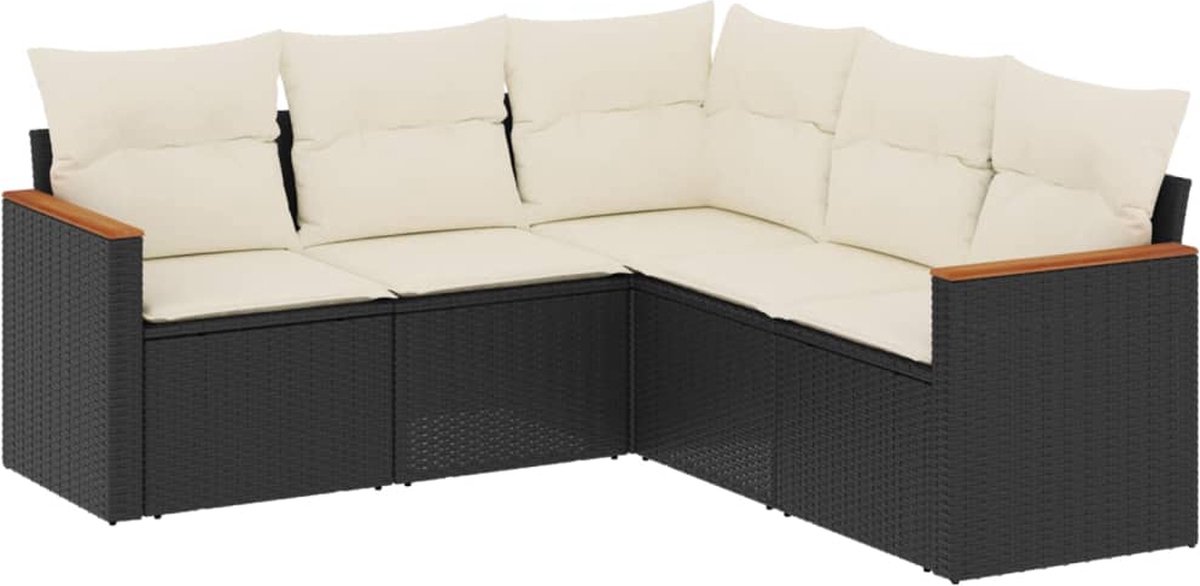 Zwarte poly rattan loungeset met kussens voor tuin en terras.