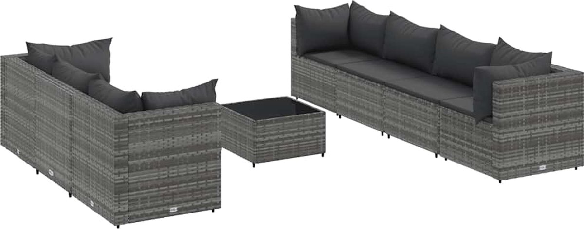 The Living Store 8-delige Loungeset met kussens poly rattan grijs - Loungeset - Lounge Set - Buitendecoratie - Tuinmeubels - Pe Rattan