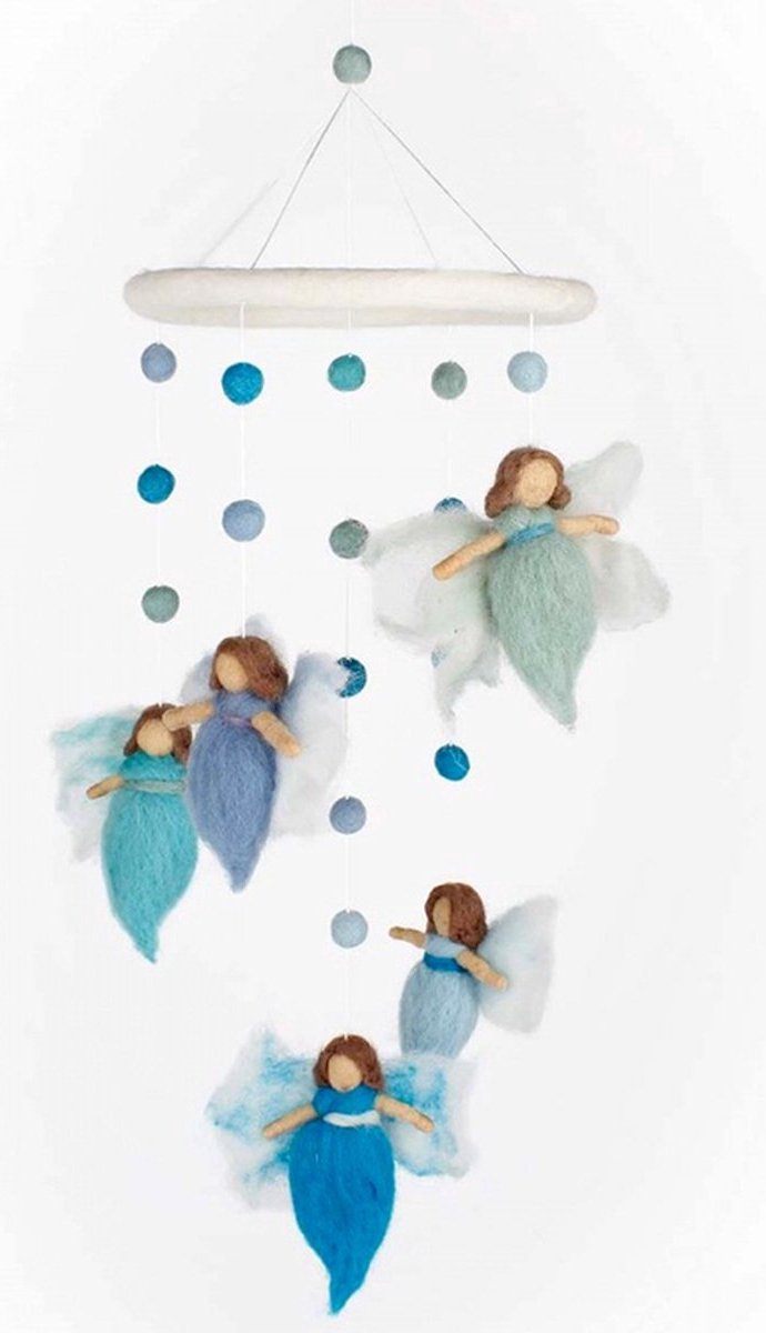 Mobiel Engeltjes Blauwgroen 55x19cm - Vilten Figuren - Sjaal met Verhaal - Fairtrade - Decoratie voor boven Bed, Box of als Babykamer Accessoire — afbeelding 2