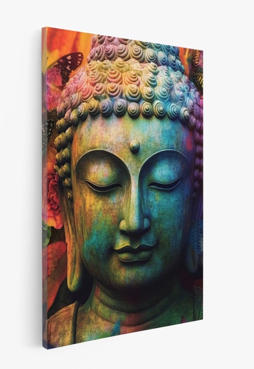 Saammp Canvas Schilderij - Boeddha met vlinders - Abstract - 60x90 - Foto op canvas - Wanddecoratie - Muurdecoratie Woonkamer - Canvas schilderijen Multicolor