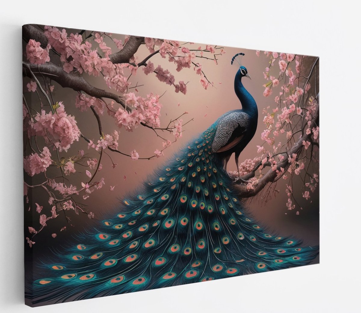 Saammp Canvas Schilderij - Pauw tussen de roze bloesem - Dieren - Natuur - 120x80 - Foto op canvas - Wanddecoratie - muurdecoratie Woonkamer - Slaapkamer decoratie - Canvas Print Multicolor