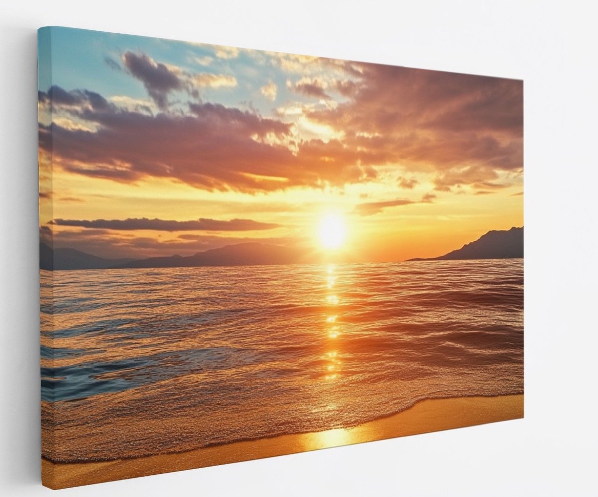 Saammp Canvas Schilderij - Zee met zonsondergang - strand - 100x75 - Foto op canvas - Wanddecoratie - muurdecoratie Woonkamer - Slaapkamer decoratie - Canvas Print Multicolor