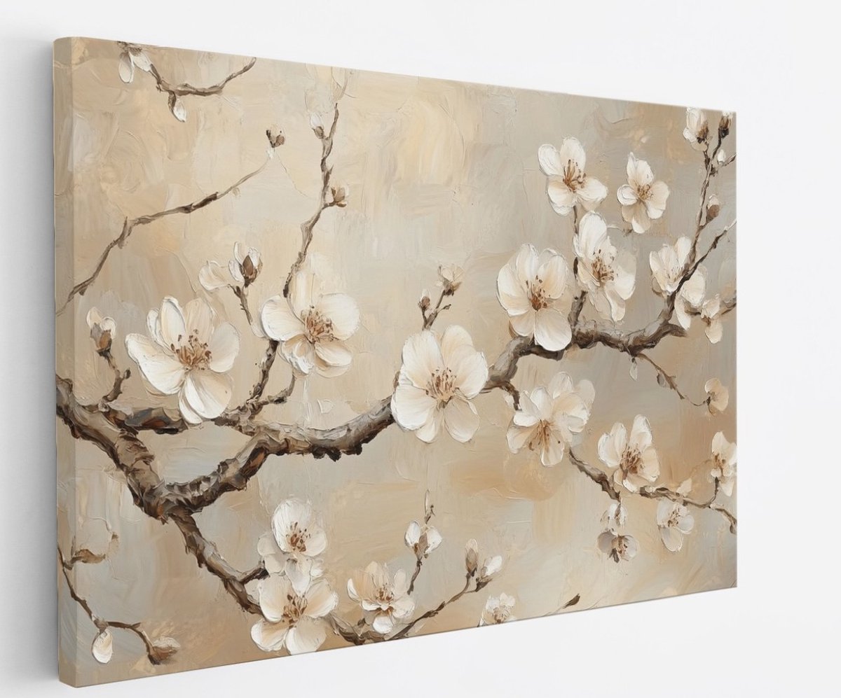 Saammp Canvas Schilderij - Witte bloemen aan tak - Abstract - botanisch - 60x40 - Foto op canvas - Wanddecoratie - Muurdecoratie Woonkamer - Woonkamer Decoratie Multicolor