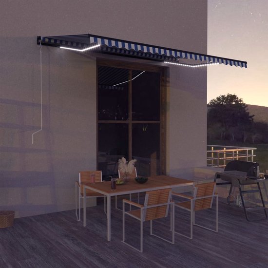 Store banne vidaXL - 500 x 300 cm - Blauw et Wit - Avec pare-soleil LED - Toit de terrasse - Protection solaire extérieure - Parasol en aluminium - Protection solaire électrique - Store rétractable - Parasol