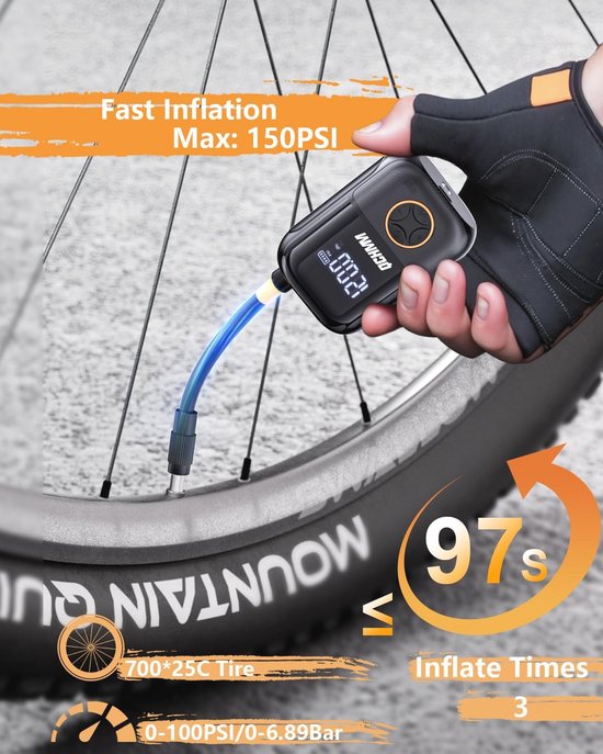 ultra compacte elektrische fietspomp 120 PSI digitaal USB-C