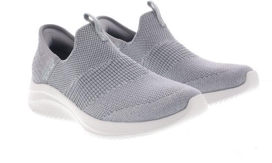 Grijze Skechers slip-on sneakers, van textiel, met witte zolen en treklipjes.
