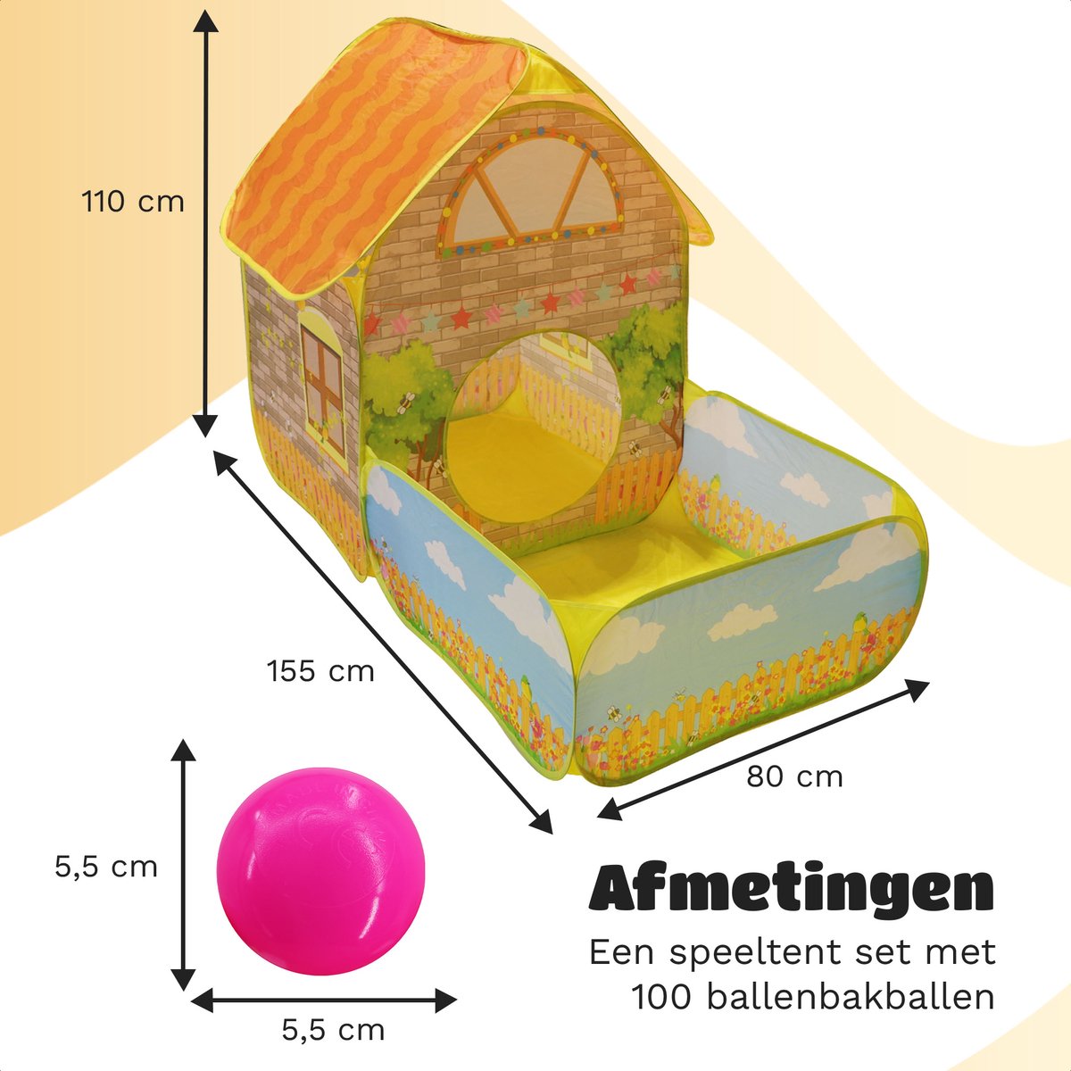 EverGoods Speeltent Kinderen – Speelhuis met 100 Ballen & Kruiptunnel – Pop-up – Binnen & Buiten – Opvouwbaar – Ballenbad – Incl. Draagtas & Ballenzak — afbeelding 2