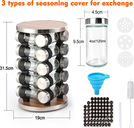 SUMOH® Carrousel organisateur de support à épices en acier inoxydable de haute qualité rotatif à 360 degrés avec 20 pots