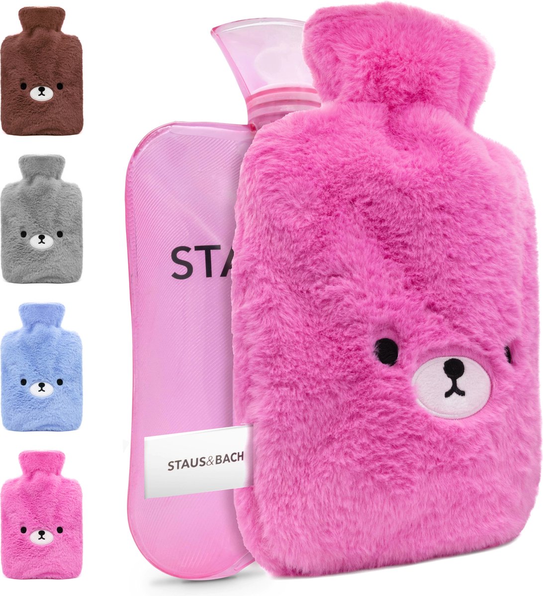 Goedkoopste STAUS&BACH FuzzyBear - Kruik (2 liter) met hoes - Warmwaterkruik tot 6 uur verwarmt - Kinderkruik knuffel dier (fleece) - Roze