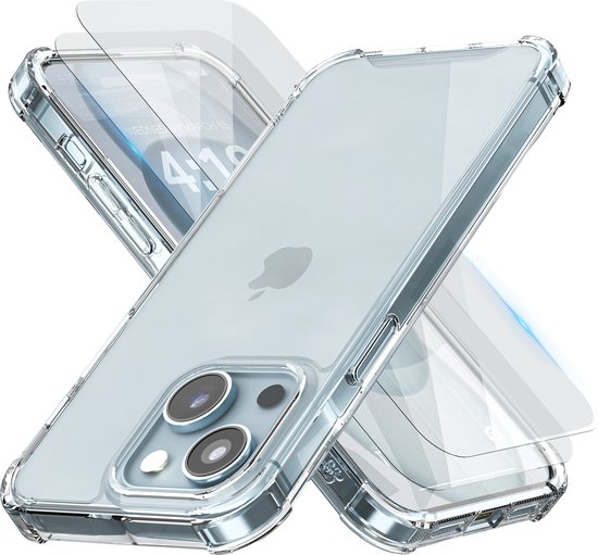 Hoes voor iPhone 15 hoesje Transparant - 2x screenprotector - beschermglas screen protector- Anti Shock hoes case