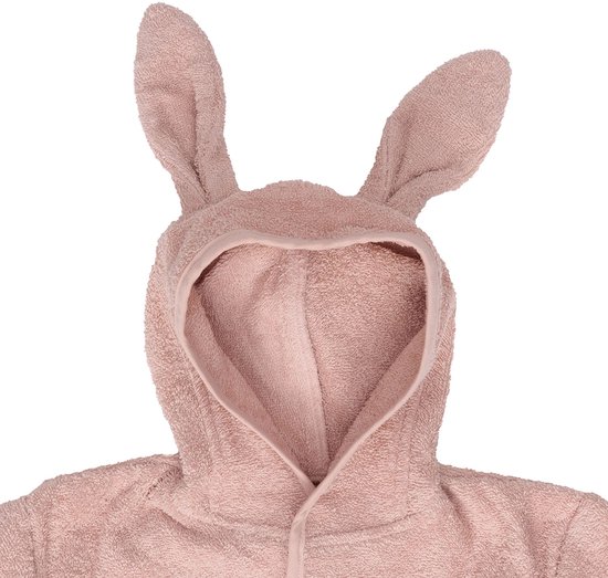 Peignoir rose avec capuche et oreilles de lapin.