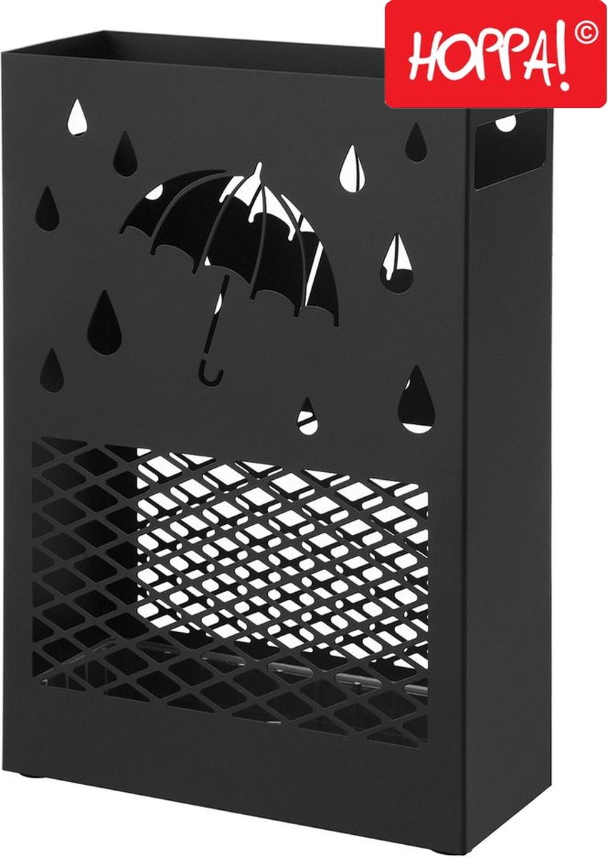 Hoppa! Paraplubak - Parapluhouder - Paraplustandaard met lekbak - Zwart metaal - 13 x 29 x 42 cm (B x D x H)