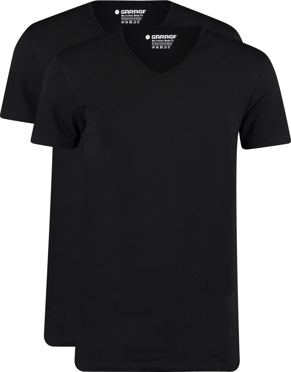 Garage 0222- Bio-Cotton Bodyfit 2-pack T-shirt V-hals korte mouw zwart M 95% organisch katoen 5% elastan