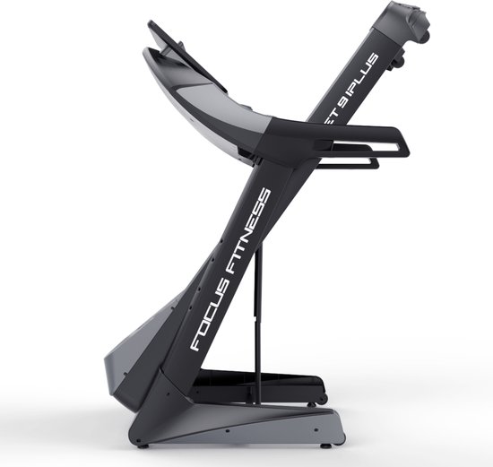 Focus Fitness Jet 9 iPlus loopband in donkergrijs met witte letters 'FOCUS FITNESS' en 'JET 9 PLUS'.