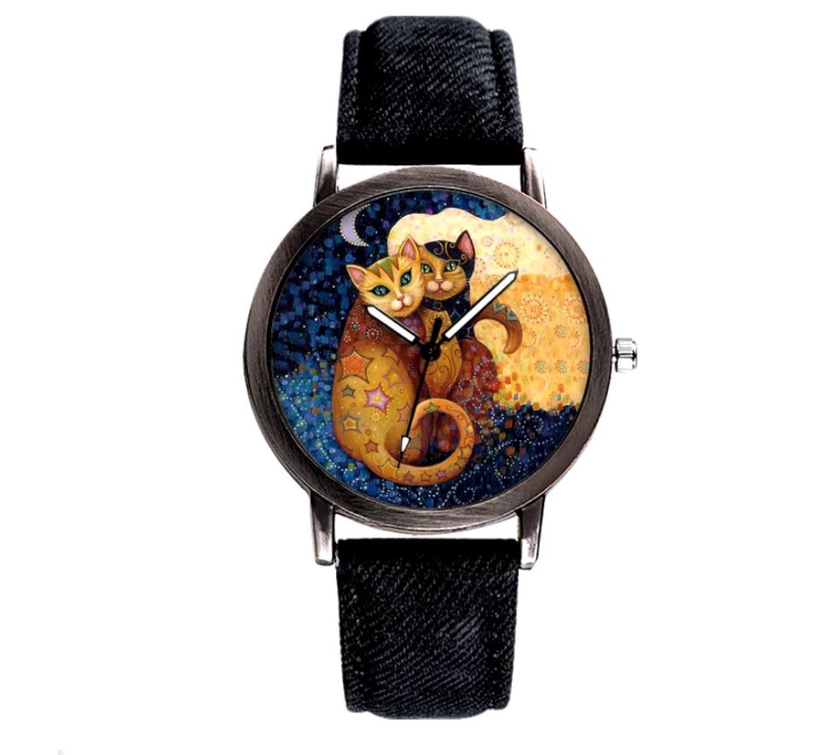 Horloge katten met zwart lederlook bandje