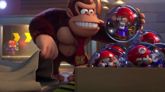 Donkey Kong houdt een kleine Mario in een bubbel vast, met andere Mario's in bubbels in een doos.