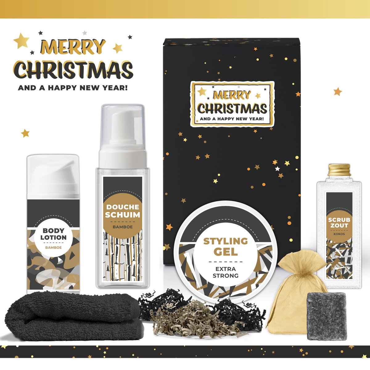 Geschenkset “Merry Christmas and a happy new year!” - 6 producten - 630 gram | Giftset voor Hem - Luxe cadeaubox Kerst - Wellness Set Stylinggel - Cadeaupakket Prettige Kerstdagen - Cadeau Man - Kerstpakket - Kerstcadeau - Kerst Geschenk - Gift Set