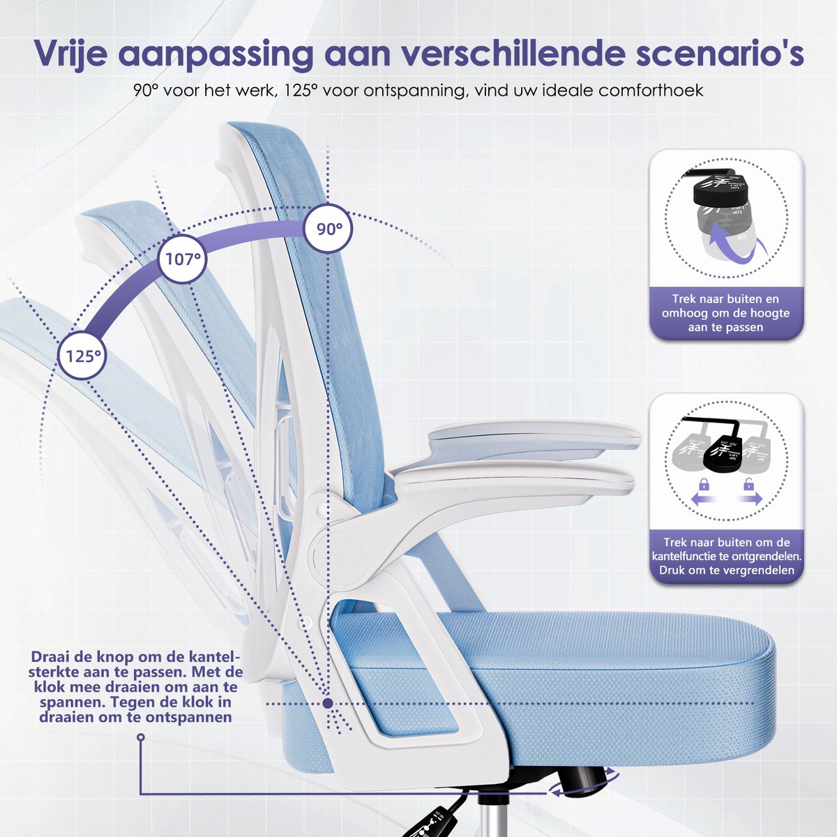 Hiaonyx Bureaustoel-Ergonomische bureaustoel-bureaustoelen voor volwassenen-Opklapbare armleuningen-Lendensteun-Verdikt en verbreed zitkussen-Blauw thumbnail 4