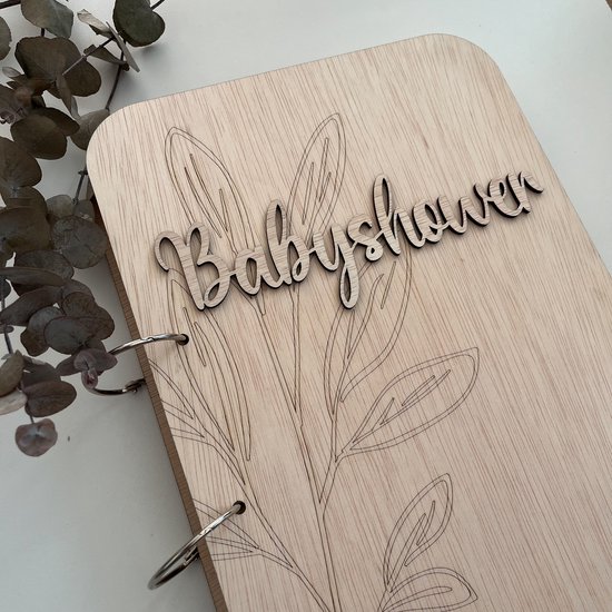 Foto: Houten bewaarbundel babyshower bundel met bloem kaarten bewaarboek herinneringenmap herinneringen map kraamcadeau bewaarboek memories gepersonaliseerd gegraveerd