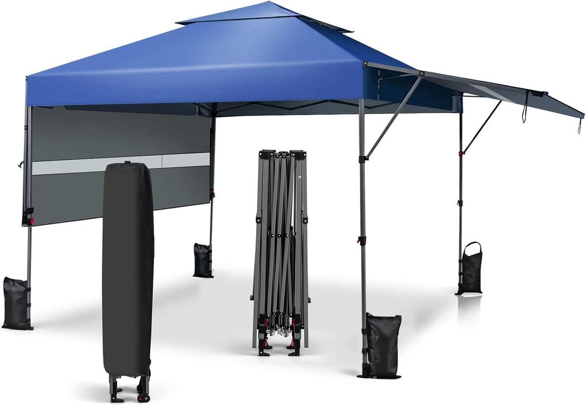 3 x 3 m Pop Up Gazebo met twee luifels, opvouwbare gazebo met roltas, 4 zandzakken, UV-bescherming 50+, tuintent, opvouwbaar, partytent, waterdicht, stabiel, winterbestendig, tuingazebo voor