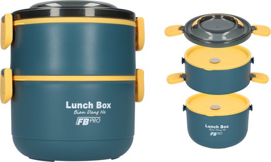 Lunchbox - 2-in-1 - Vershouddoos - RVS vershoudbakjes - Lucht- en waterdicht - Voor warm en koud eten - Inhoud van 1,6L - Groot formaat - Met deksels en lepel! - Blauw/Geel