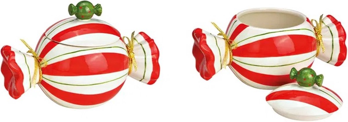 Snoeptrommel in de vorm van een kerstsnoepje rood en wit