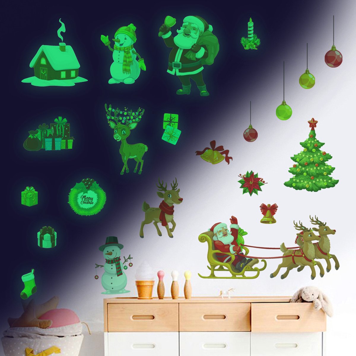 Glow In The Dark Kerstthema - Kerstman, Elanden, Kerstboom/ Fluorescerende Sticker-Kinderkamer Cartoon zelfklevende Lichtgevende Muursticker 21*30CM*4