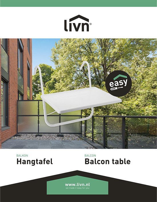 Livn Balkontafel Vierkant Wit - 40x52 cm - In hoogte verstelbaar - Eenvoudig bevestigen aan de railing van Livn — afbeelding 5