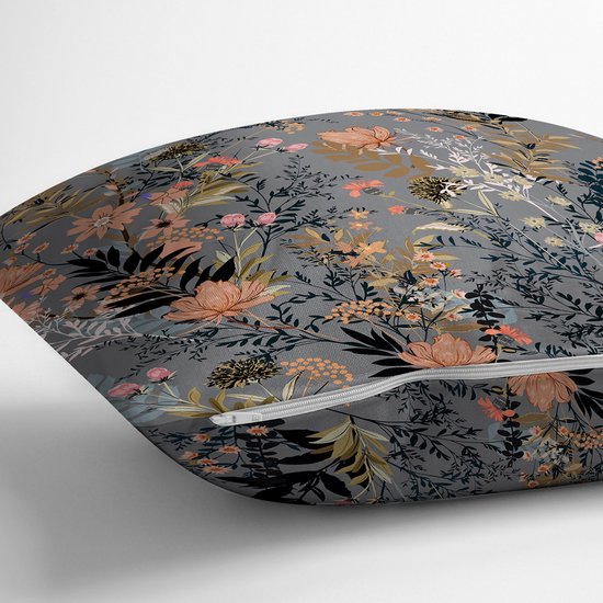 Grijze sierkussen met bloemenprint, zichtbare rits aan de zijkant.