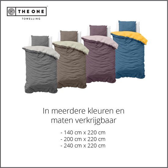 Literie disponible en plusieurs couleurs : gris, marron, violet et bleu avec taie d'oreiller jaune. Tailles disponibles : 140x220, 200x220, 240x220.