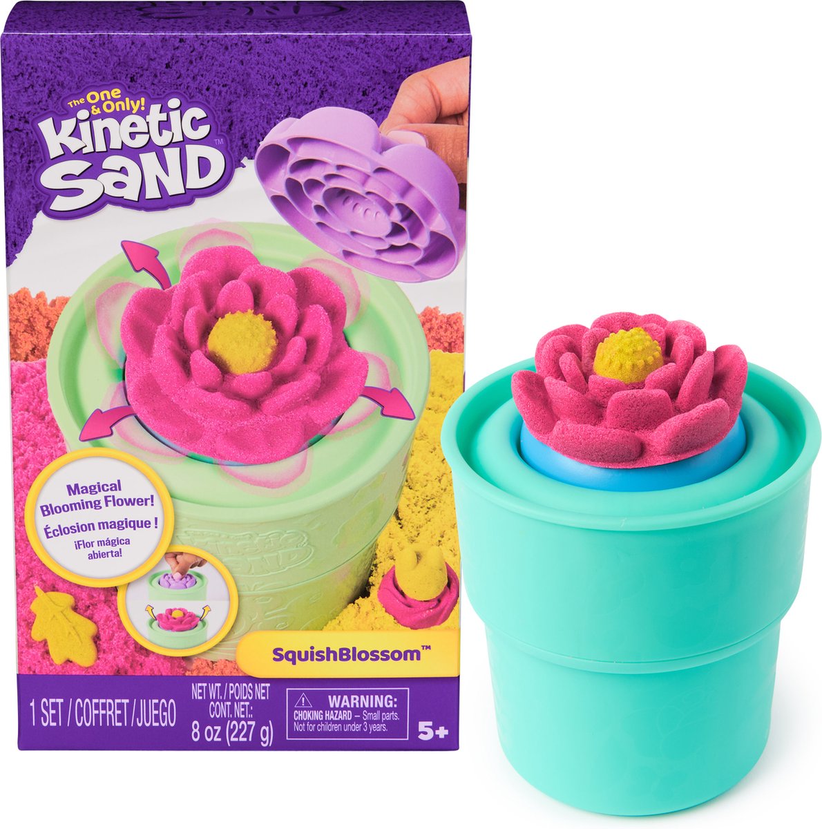 Kinetic Sand - SquishBlossom bloeiende bloempot met 227 g orgineel kinetisch zand in neongeel en neonroze en vormpjes sensorisch speelgoed
