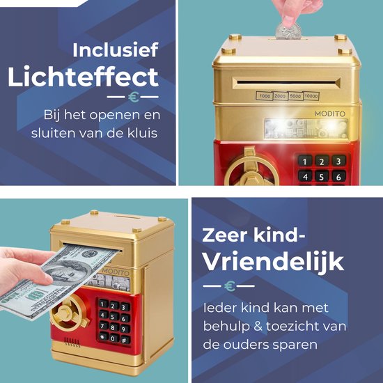 Collage: Boven-links: gouden spaarkluis met munten. Boven-rechts: geld invoeren. Beneden-links: geld invoeren. Beneden-rechts: uitleg kluis.