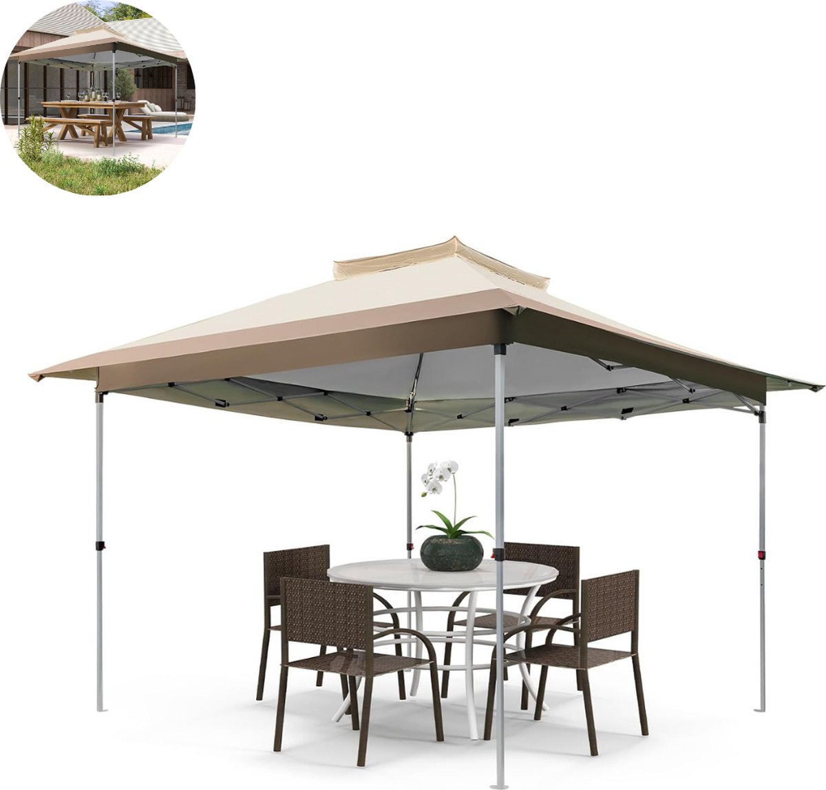 Partytent opvouwbaar - Paviljoen - 360 x 360 cm - Easy up - Waterdicht - Weerbestendig - Kaki