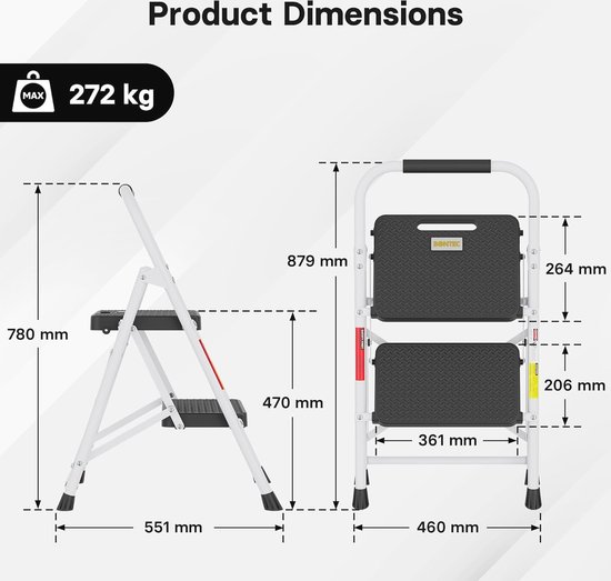 BONTEC 4-Traps Ladder met Brede Antislip Pedalen, Opvouwbaar, Capaciteit 150KG, Spons Handgreep, Stevige Draagbare Ladder voor Thuis en Buiten, Zwart
