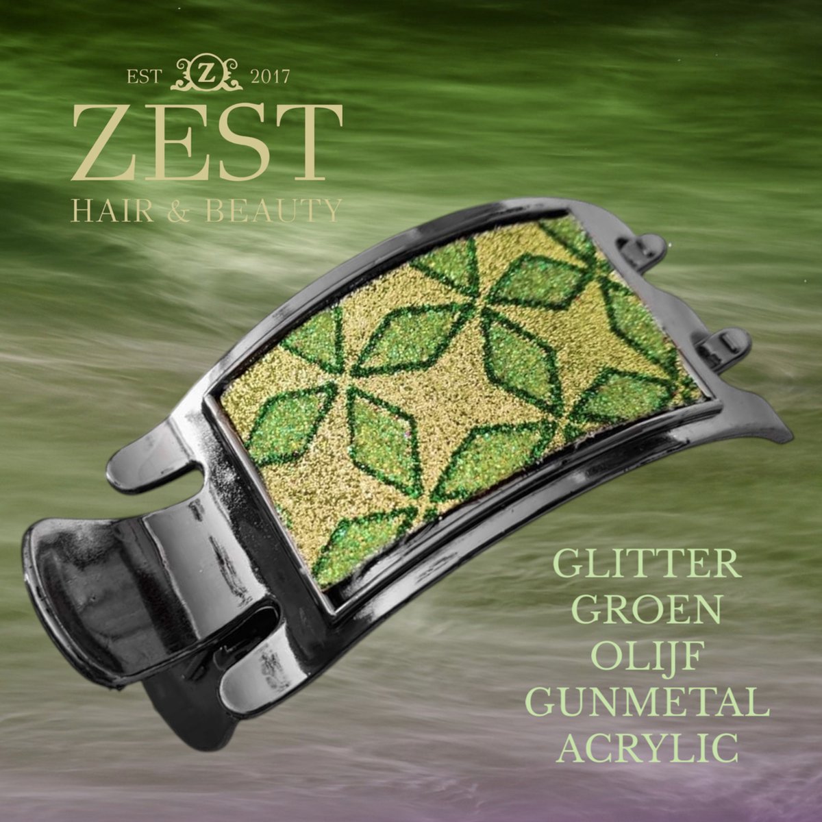 Zest - Zij haarklem - ruit glitter - groen olijf - gunmetal look - acrylic kunststof - 7 x 3,8 cm - volwassenen jeugd kinderen - vrouwen meisjes - casual - feest gala
