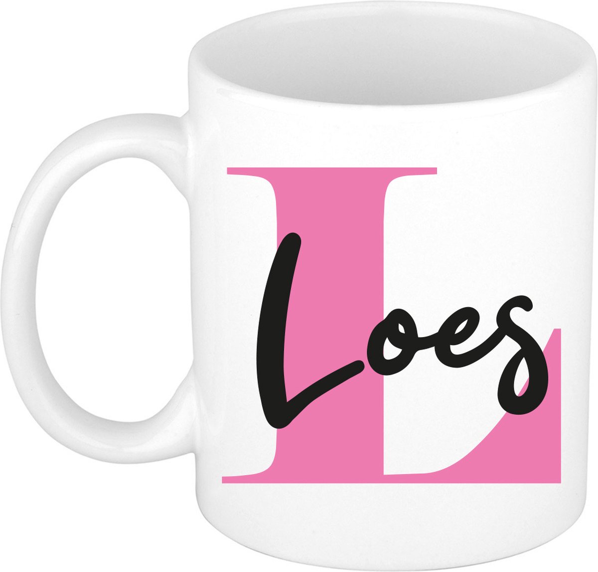 Bellatio Decorations Naam mok Loes - roze - wit - keramiek - 300 ml - cadeau beker