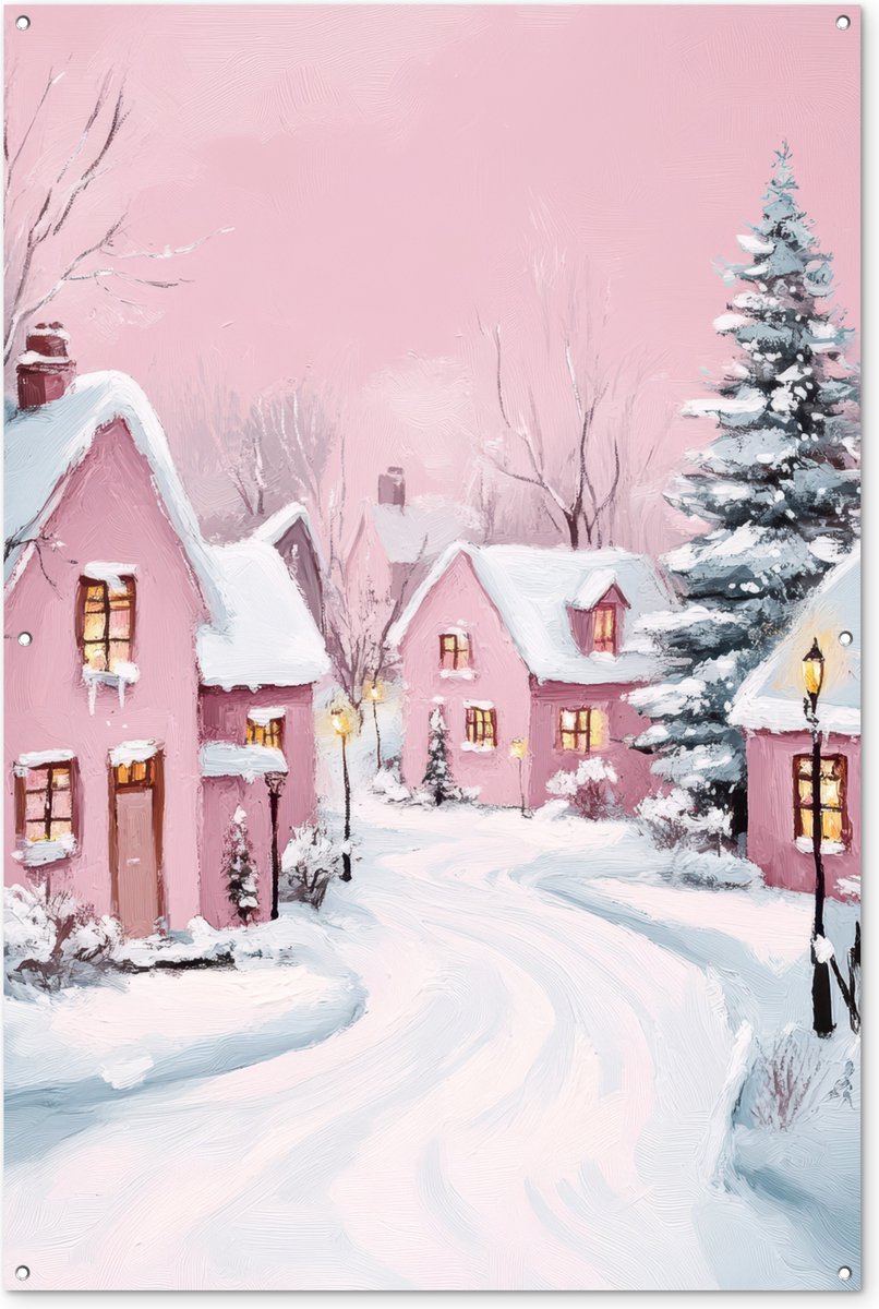 Tuinposter 120x180 cm - Tuindecoratie Kerstdorp - Roze - Winter - Sneeuw - Huizen - Poster voor in de tuin - Buiten decoratie - Schutting tuinschilderij - Tuindoek muurdecoratie - Wanddecoratie balkondoek - Kerstversiering - Kerstdecoratie