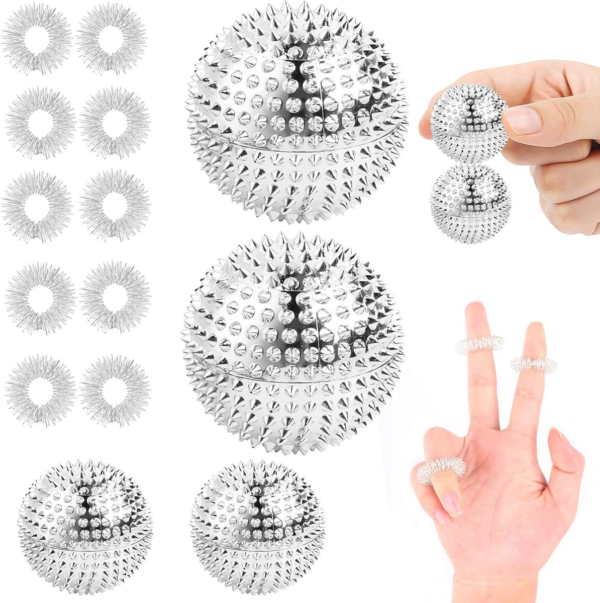 Goedkoopste Acupressuur Set met 4 Massageballen en 10 Vingerringen voor Stressverlichting en Doorbloeding