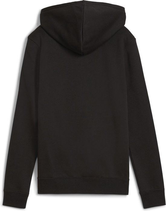 Achterkant van een zwarte Puma hoodie met witte opdruk.