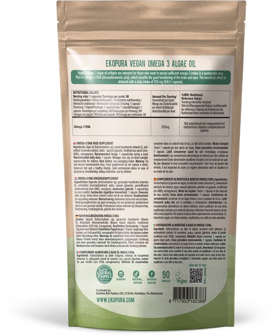 Voorkant en achterkant van de Ekopura Vegan Omega 3 Algenolie verpakking, met capsules en voedingsinformatie.