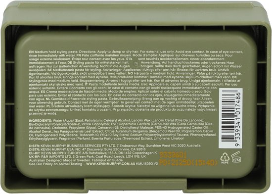 Binnenzijde van een groene KEVIN.MURPHY pot met productinformatie voor Free.Hold.