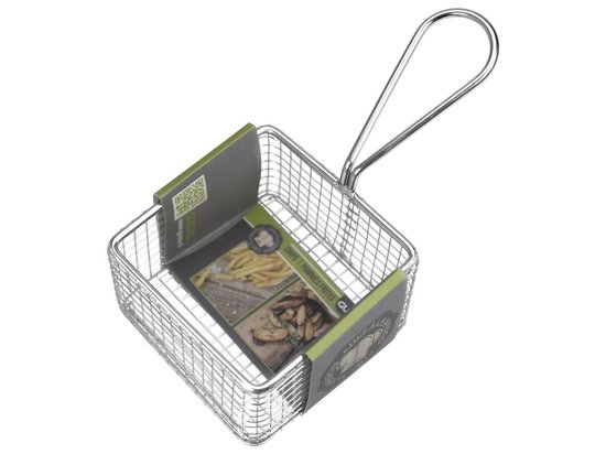 Een vierkant RVS frietmandje met een etiket waarop "DIPS & FRITES" staat.