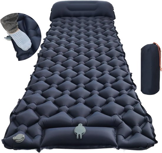Matelas gonflable - Matelas de couchage autogonflant - Lit de camping - Tapis de couchage - Matelas gonflable avec pompe intégrée - Matelas de couchage 1 personne - 190x60x5cm - Système clic - Bleu marine