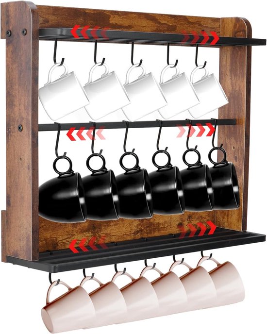 YUEMING Accordeon Wandhanger, kapstok met 13 haken, uitbreidbare kapstok aan de muur, massief houten wandhoedenrek voor hangsleuteltas, paraplu-stropdas-portemonnee